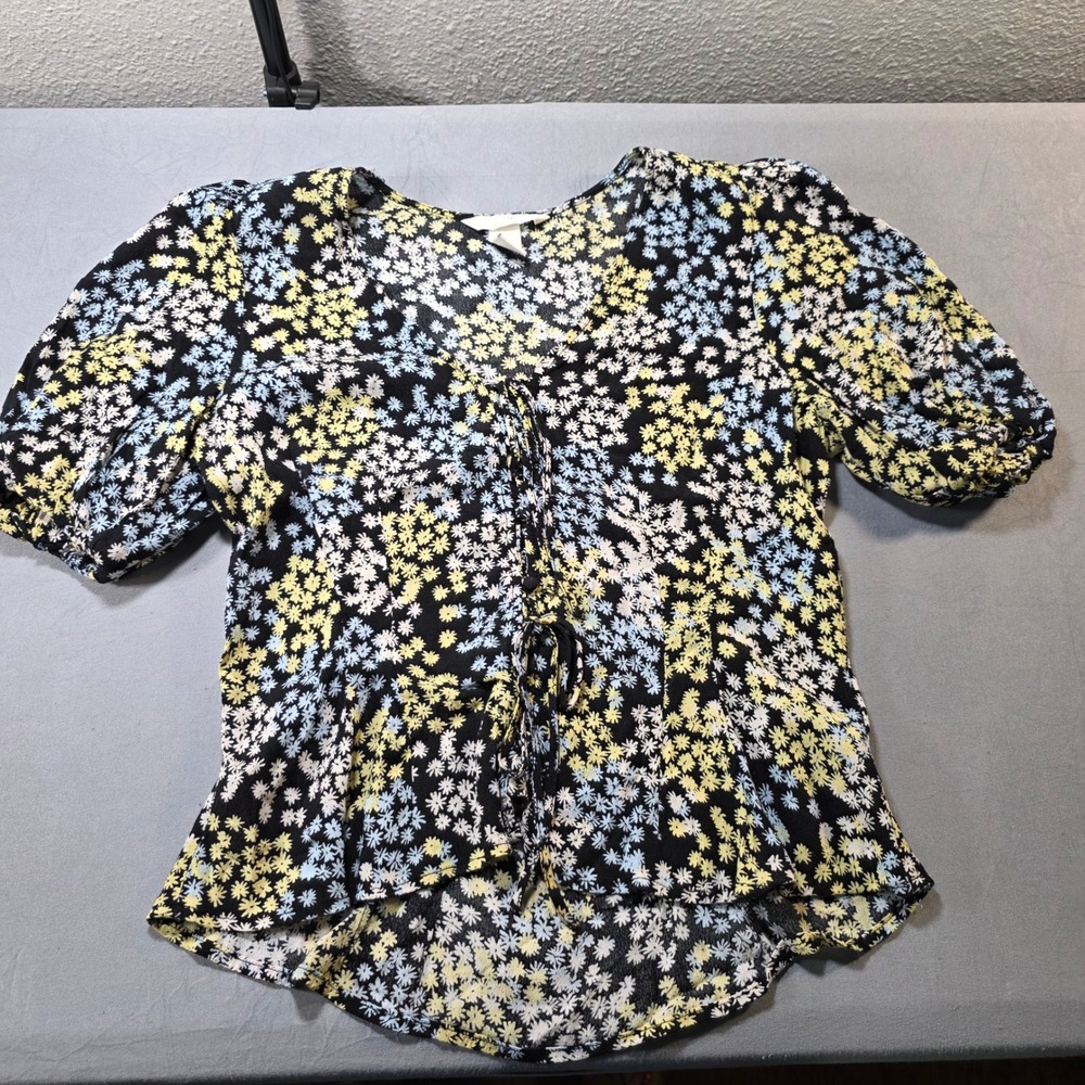 HM Black Yellow Blue Ditsy Floral Tie Front Puff Sleeve Peplum Blouse Small
